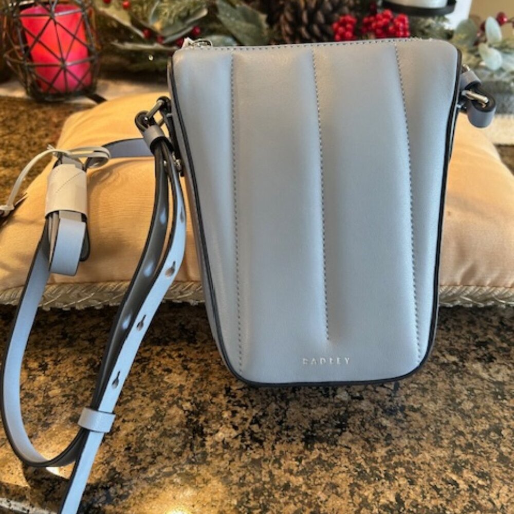 Radley Smoke Blue Grained Leather Oak Street Quilt Medium Phone Crossbody